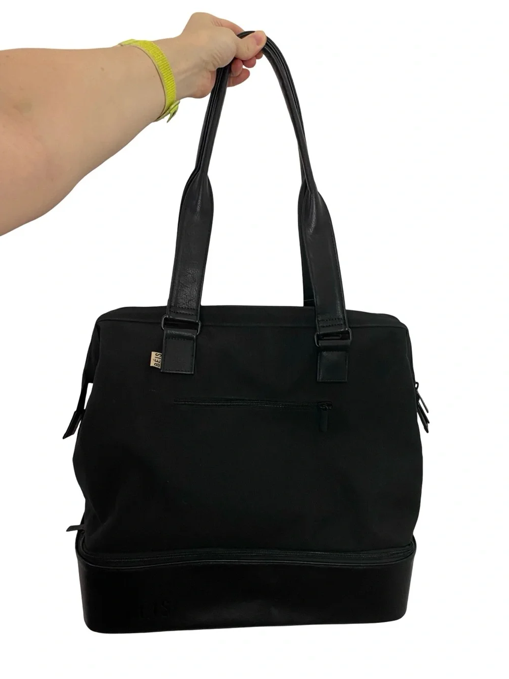 Beis Weekender Bag Black Canvas Leather Shoulder Strap Handle